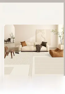 Close-up of minimalist geometric crystal velvet carpet in a cozy living room decor