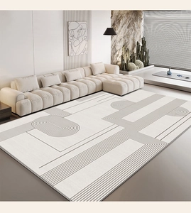 Detailed view of grey geometric 3D pattern on thick minimalist living room rug