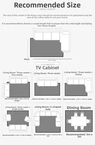 Size guide for minimalist carpets showing layout recommendations for different living rooms