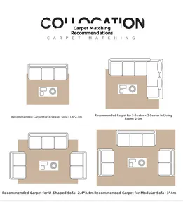 Carpet size guide for living room layouts showing 1.6x2.3m to 3x4m rug placement