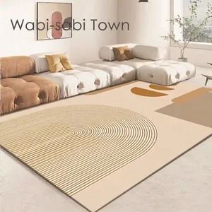 Minimalist Wabi-sabi rug with geometric circle patterns in beige and caramel tones