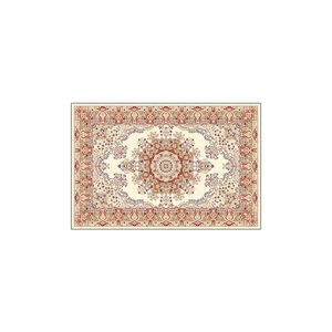 Retro Persian bohemian area rug with red floral medallion on beige rectangular surface
