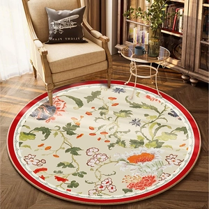 Retro round floral rug with vintage flower patterns on wood floor in living room