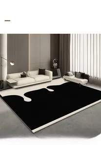 Detail of modern minimalist rug with black and white abstract fluid wave pattern