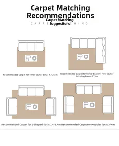 Rug size guide showing four sofa layout recommendations and carpet dimensions