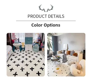 Détail d'un tapis pelucheux antidérapant avec motifs de croix et pois noirs pour maison