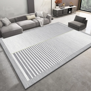 Tapis minimaliste à rayures gris et blanc avec ligne verte pour salon contemporain