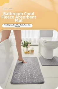 Grey cobblestone embossed coral fleece bathroom rug set with U-shaped toilet mat and rectangle rug