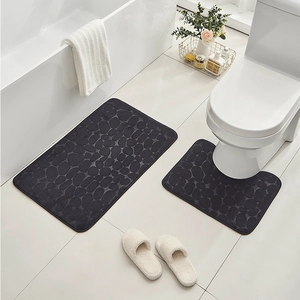 2-piece dark grey pebble textured bath mat set with rectangular and U-shaped rugs