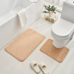 Pebble embossed coral fleece bathroom rug set with non-slip backing in apricot color