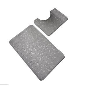 Grey 2-piece cobblestone embossed coral fleece bathroom rug set with U-shaped mat