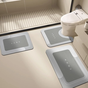Three-piece absorbent gray and beige diatom mud bathroom mat set with modern geometry