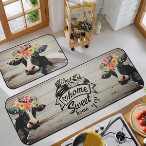 Kitchen mat set with farmhouse cow illustrations and Home Sweet Home wooden pattern design