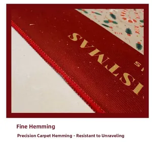 Close-up of delicate overlocking edge on a red Christmas-themed kitchen floor mat