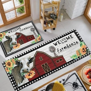 Farmhouse cow sunflower kitchen floor mat set with red barn and windmill design