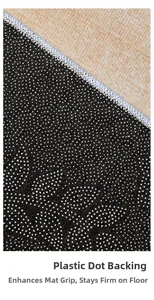 Detail view of anti-slip dotted bottom backing on modern minimalist beige woven rug
