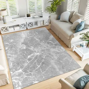 Detail of modern gray marbling pattern rug featuring soft texture and anti-slip backing