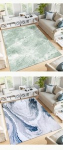Detail of abstract marble pattern rug in green and blue for modern living room decor