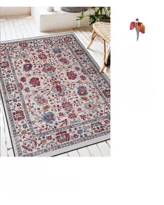 Detailed texture of Persian style floral rug on white wooden floor in cozy living room