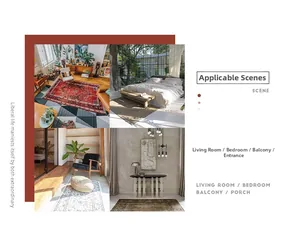 Collage of Persian and Bohemian area rugs shown in living room, bedroom and balcony