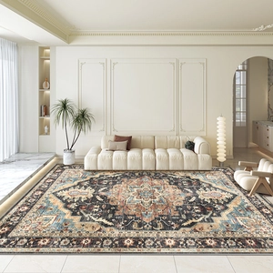 Persian style rug with vintage medallion pattern shown in a modern living room setting