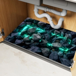 3D pebble patterned under-sink mat with green fluorescent cracks for kitchen cabinet protection