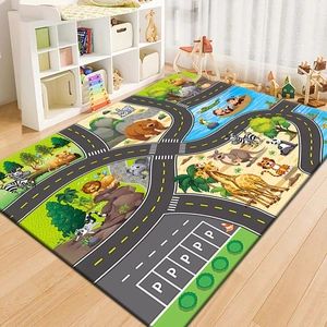 Tapis de Jeu Éducatif pour Enfants Velours de Cristal Antidérapant Motif Carte Routière Trafic Urbain Dessin Animé Grand Tapis pour Salle de Jeux Chambre d'Enfants