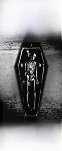 Detail of coffin-shaped gothic rug featuring a white skeleton on black background