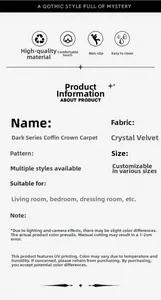 Gothic coffin rug specifications listing premium crystal velvet material and UV printing