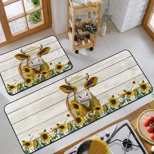 Ensemble tapis de cuisine vache et tournesol sur motif bois, deux tapis antidérapants