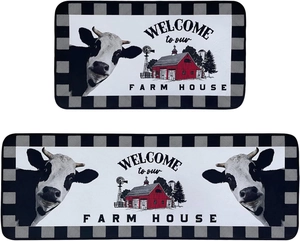 Lot de tapis de cuisine ferme avec vache et bordure à carreaux noir et blanc