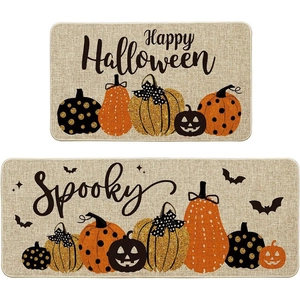 Two-piece Halloween kitchen mat set with pumpkin bat patterns and Spooky text design