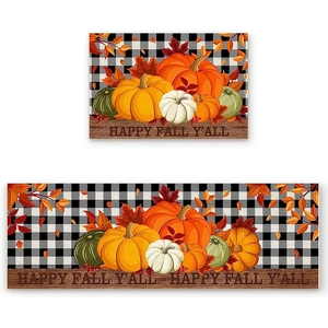Buffalo Plaid Halloween kitchen mat set with Happy Fall Y'all slogan and pumpkin pattern