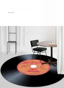 Close-up of creative vinyl record round carpet showing retro disco music details