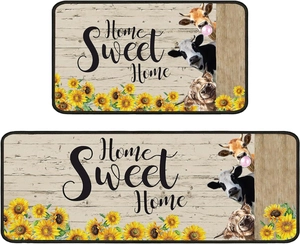 Lot de tapis de cuisine avec vaches rigolotes, tournesols et motif de bois rustique
