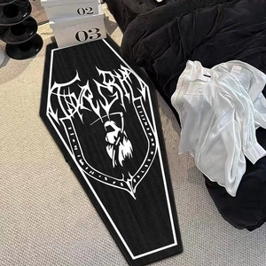 Gothic coffin-shaped bedroom rug with grim reaper design and black velvet texture