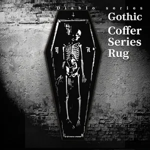 Gothic coffin-shaped rug with white skeleton pattern on a vintage brick wall background