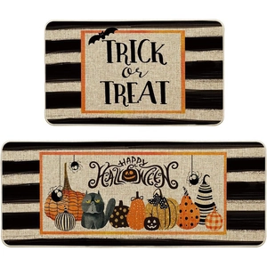 Halloween kitchen rug set with Trick or Treat and Happy Halloween pumpkin designs