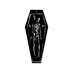 Gothic coffin-shaped rug with skeleton and fetus graphic for bedroom bedside decor