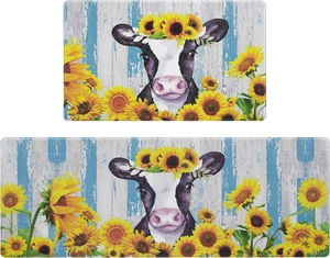 Lot de tapis de cuisine motif vache et tournesols sur fond de bois bleu et blanc