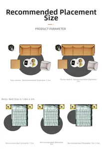 Sizing guide for round vinyl record rug with diameter options for sofa and bedroom areas