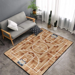 Realistic basketball court area rug with wood grain pattern on a gray living room floor