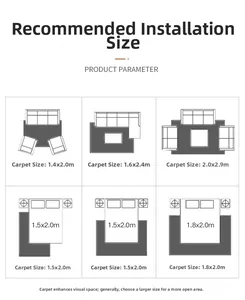Size guide for modern minimalist rugs showing living room and bedroom layout dimensions