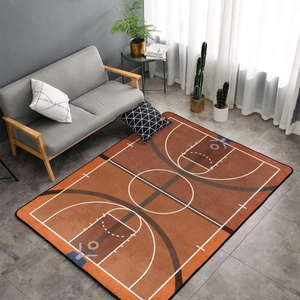 Basketball court area rug with orange wood texture and white lines for living room decor