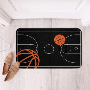 Detailed top view of a basketball court area rug with orange balls on wooden flooring