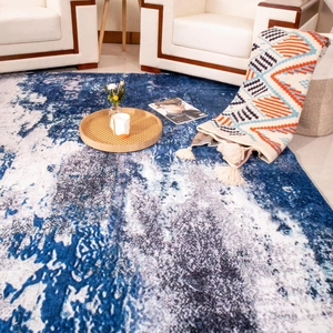 Modern abstract blue marble area rug for minimalist living room and bedroom decor