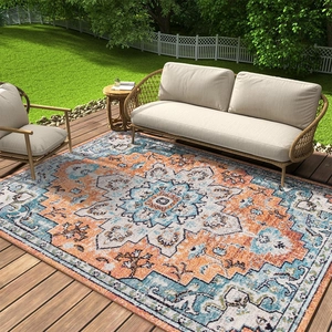 Tapis de camping extérieur style persan avec motif médaillon orange et bleu détaillé