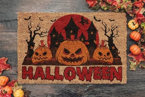 Coir fiber Halloween mat detail with pumpkins and bats on a rustic wood floor