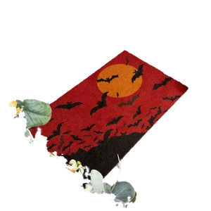 Halloween rectangular floor mat featuring orange full moon and black bats on dark red