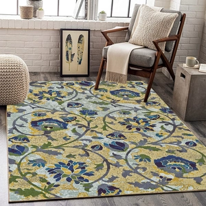 Nordic floral rug with bohemian pattern for living room in blue and yellow